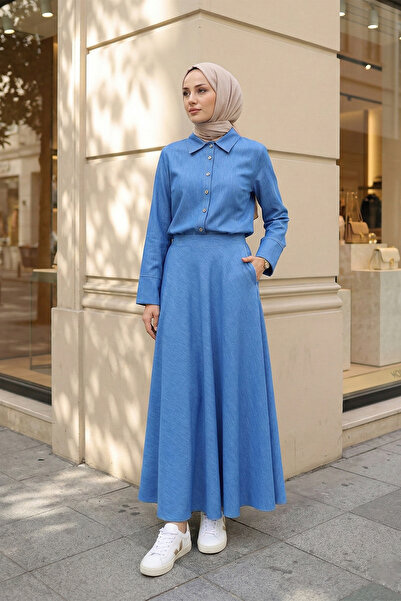 MODAQU Shirt Collar Blouse Skirt Tencel Set - Blue