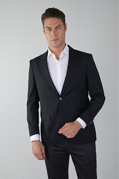 Bisse Comfort Fit Black Woven Mono Collar Double Slit 4 Drop Wool Blazer Men'...