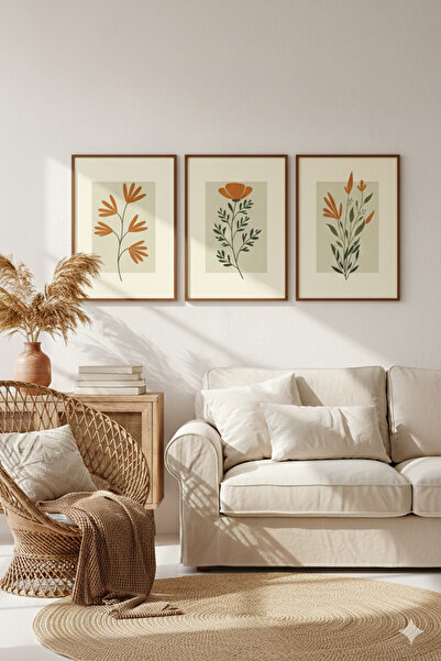 degdesign Ahşap Tablo 3'lü Set Turuncu Çiçekler ( Çerçeve Görünümlü)