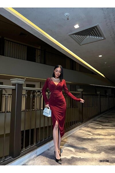 Modafeminen Burgundy Stone Double-Breasted Model Stretchy Fabric Evening Dres...