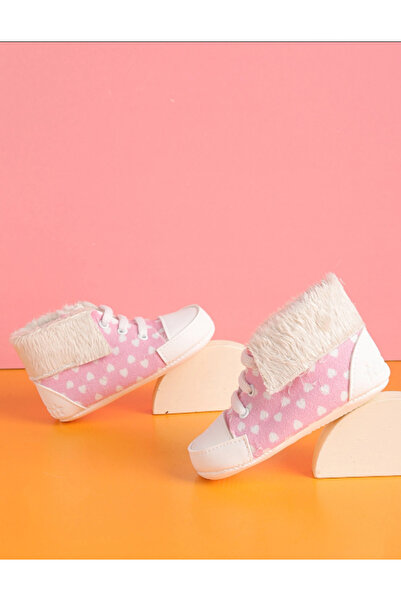 BASEL MAİSON Kız Bebek İlk Adım Ayakkabısı Pembe Beyaz İçi Kürklü Kalpli