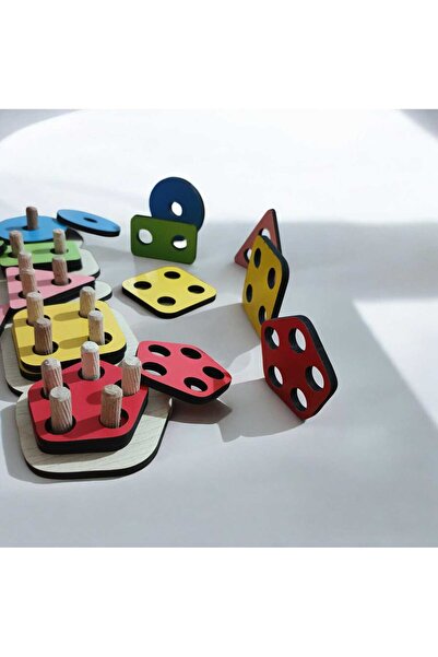 Bigibigi Montessori Ahşap Eğitici 5li Geometrik Renk Şekil Sayı Eşleştirme Oy...