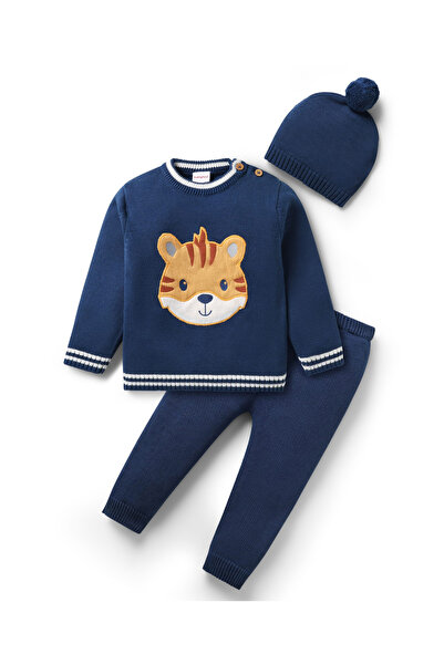 Babyhug طقم كنزة قطن محبوكة بأكمام طويلة مع قبعة وتصميم نمر - أزرق داكن