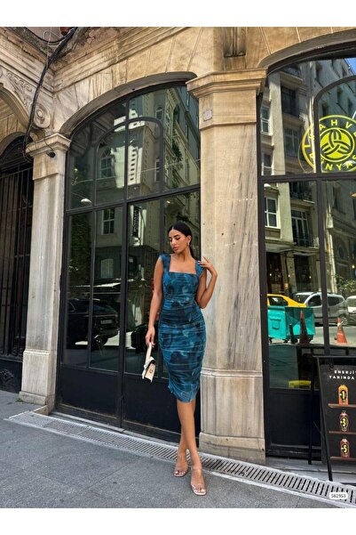 Modafeminen Τετράγωνο Γιακά Με σχέδιο Τούλι Φόρεμα Μπλε 582953