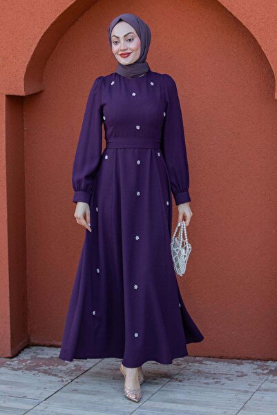 Tesettür Çarşım İnci Motifli Kulplu Krep Elbise-Mor