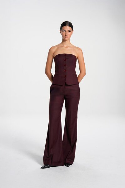Beauty Omelette Bordo Balıksırtı Duble Paça Yünlü Flare Pantolon