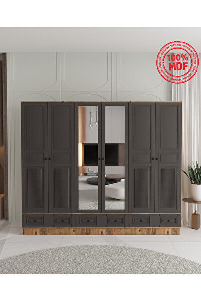 Teen & Bright NİL 6 KAPAKLI ÇEKMECELİ BAZALI GARDIROP - TAMAMI MDF