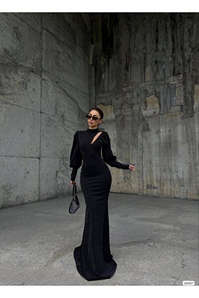 Modafeminen Black Balloon Sleeve Plunging Neckline Glittery Long Evening Dres...