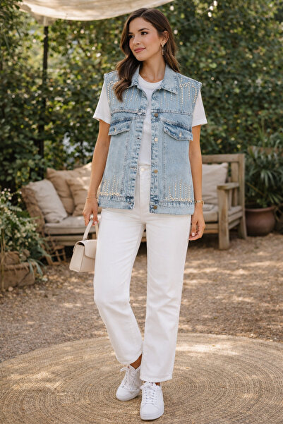 Asist Kadın Denim İncili Taş Detaylı Yelek