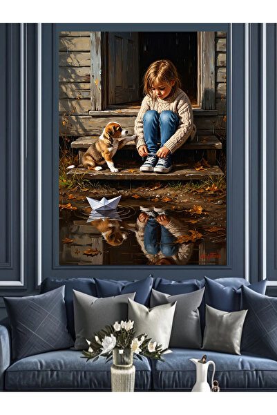 KanvasSepeti Υψηλής ποιότητας ελαιογραφία  "Παίζοντας με τον σκύλο " Με υφή Κ...