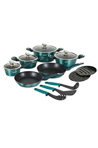 HERZBERG HG-METBL15 Cookware Set, 15 Pieces, Marble Finish, Glass Lids, Induc...