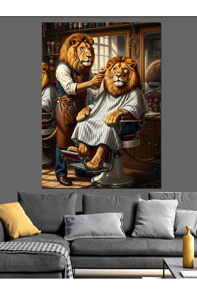karizmart Aslan Berber Salonu Tablosu Dekoratif Kanvas - Mdf Ahşap Tablo