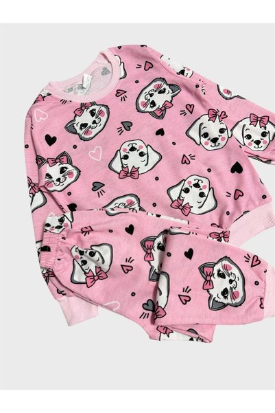 ALİŞ KİDS Girl's Cotton Piece Pink Cat Patterned Long Sleeve Eye Patch Transitional Pajama Set