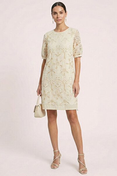 Guitar Diz Üstü Bej Keten Elbise