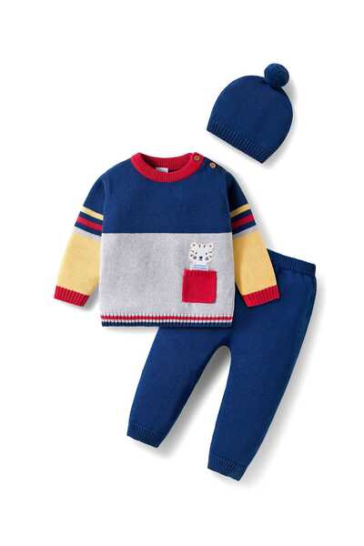 Babyhug Cotton Sweater & Pants Set Cap, Color Block Design & Tiger Patch Pock...