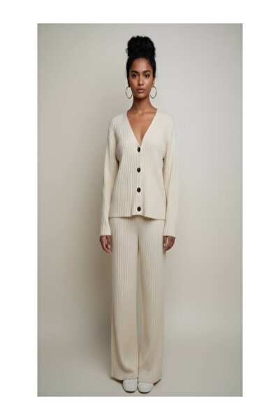 LaliCo V-Neck Cream Knitwear Cardigan Trouser Set
