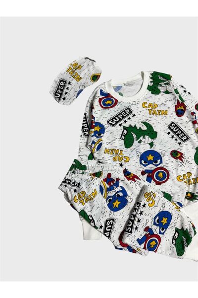 ALİŞ KİDS Boy's Cotton Piece White Super Captain Patterned Long Sleeve Eye Patched Transitional Pajama Set