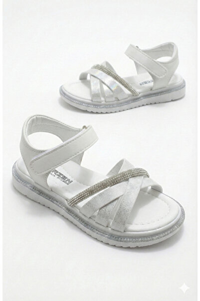 ORELİON Girl's Cross-Strapped Stoned Sandals – Velcro Orthopedic Non-Slip Sol...