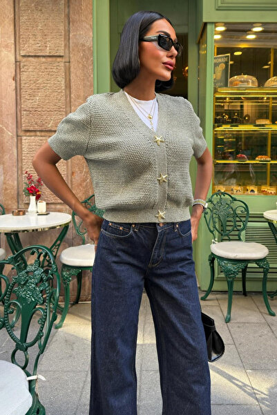 LaliCo Gold Buttoned V-Neck Knitwear Green Cardigan