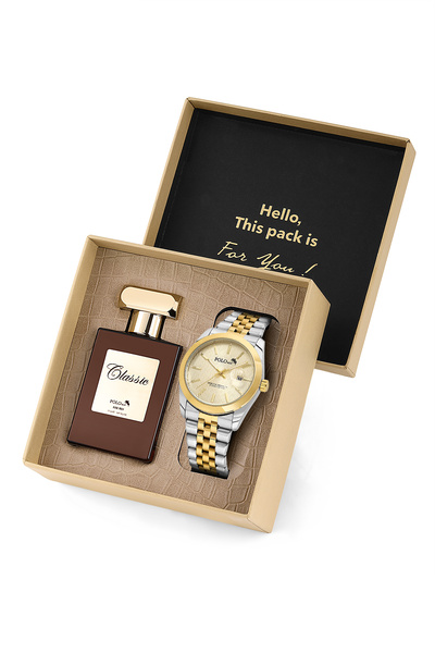 Poloair Mercek Takvimli Erkek Kol Saati Ve 55 ml Parfüm Gümüş Gold Renk ST-50...