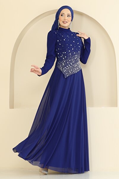 ModaMerve Önü Taşlı Krep Abiye 5755EDF311-MS Saks