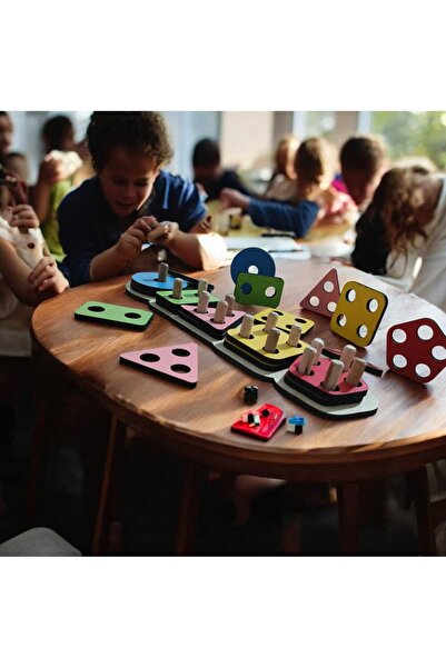 Bigibigi Montessori Ahşap Eğitici 5li Geometrik Renk Şekil Sayı Eşleştirme Oyunu-Zeka Geliştirici Okul Öncesi