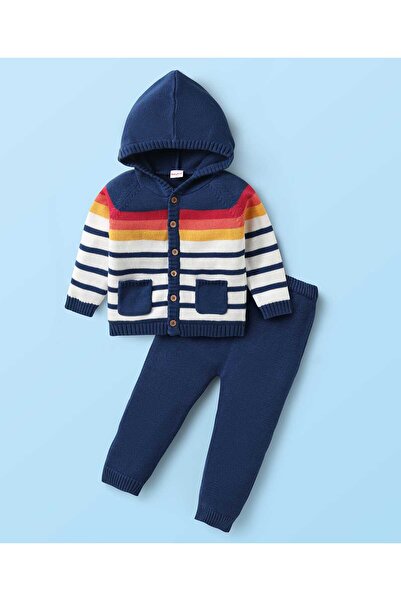 Babyhug Knit Full Sleeves Hooded Sweater with Pockets - Navy Blue
