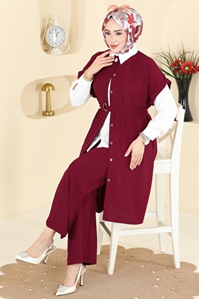 ModaMerve Belden Bağcıklı Gömlek Takım 3274HBS856-MS Bordo