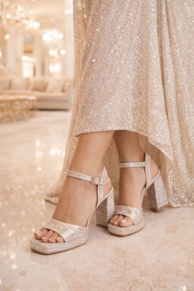 Peta Women's Silvery Ankle Strap Platform Thick Heeled Sandals