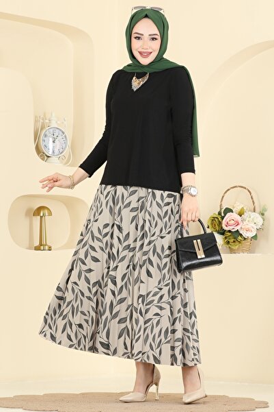 ModaMerve Desenli İkili Etek Takım 5580ZNN863-MS Siyah
