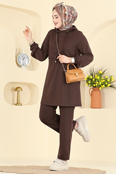 ModaMerve Kapüşonlu Rahat İkili Takım PL9210-MS Kahve
