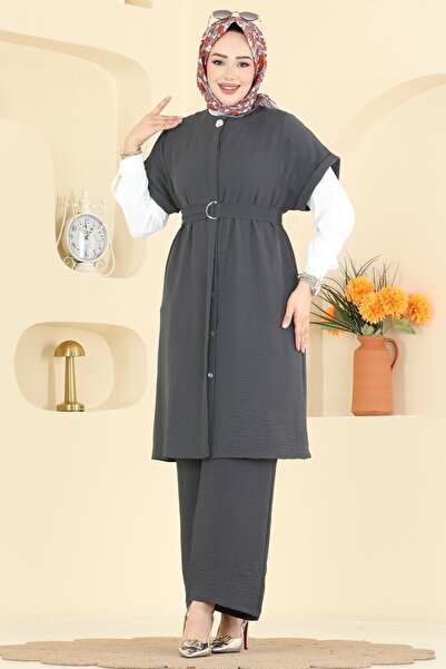 ModaMerve Belden Bağcıklı Gömlek Takım 3274HBS856-MS Antrasit