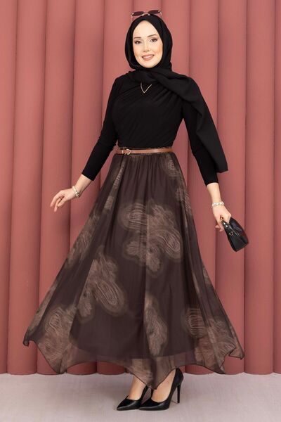 SVS Asymmetrical Cut Patterned Tulle Skirt Brown