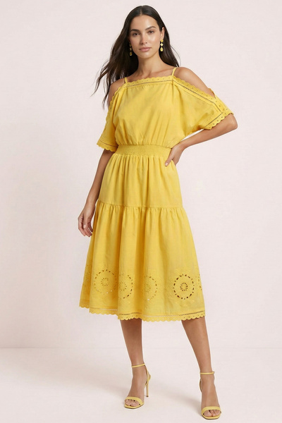 Guitar Midi Sarı Brodeli Elbise