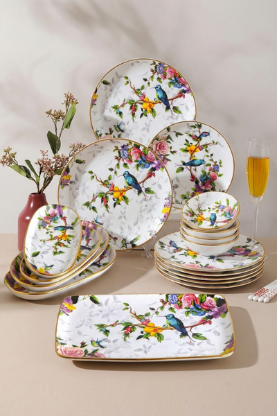 GÖNÜL Flore Desenli Seramik Kahvaltı Seti, Çiçek & Kuş Motifli, Gold Yaldız D...