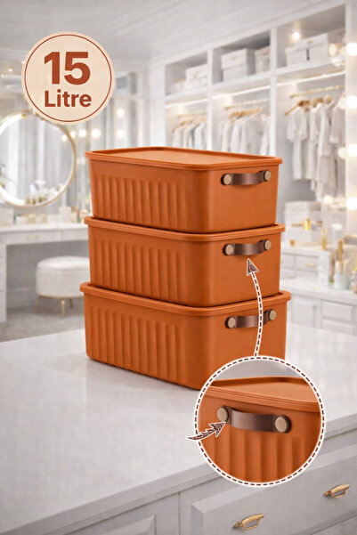 Mim Life 3’lü 15 Litre Kapaklı Düzenleyici Kutu | Deri Kulplu Çok Amaçlı Sakl...