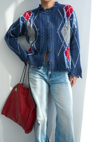 LaliCo Diamond Patterned Fringed Button Cardigan Navy Blue