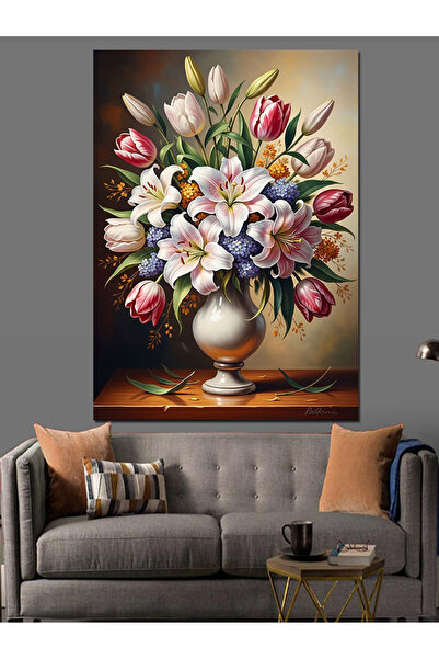 Tablo Mega Vazoda Karışık Renkli Çiçekler Buketi Dekoratif Kanvas - Mdf Ahşap...
