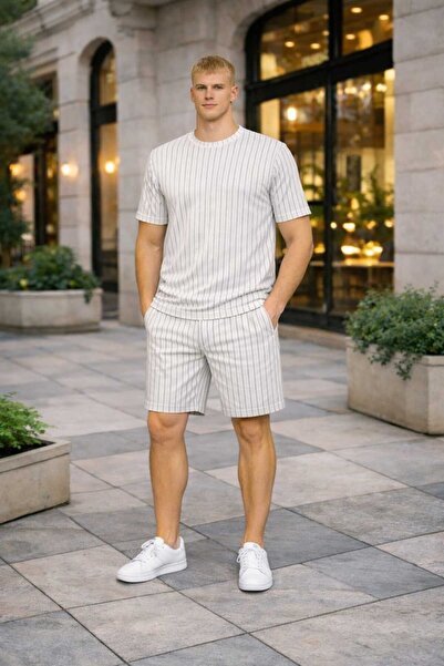 BRLKN Men's Stripe Detailed Crew Neck Crepe T-Shirt Shorts Set