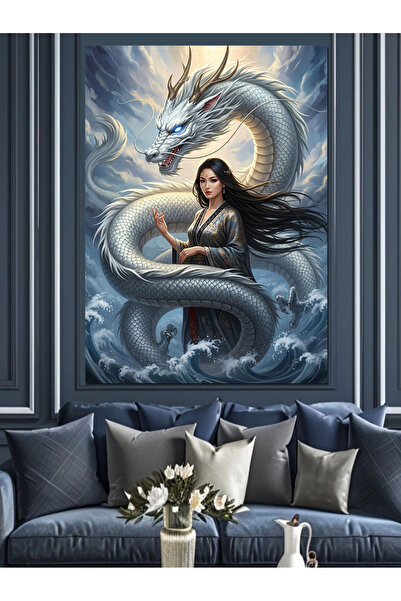 Artmeg Pânză decorativă pentru femei cu dragon alb și războinic - Tablou din ...