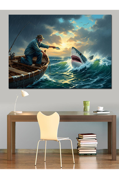 Artmeg Bătrân care vânează rechini în mare - Pânză decorativă - Masă din lemn...