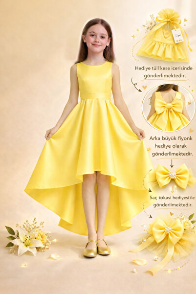 nsmkidslife Kız Çocuk Abiye Elbise – Sarı Renk Asimetrik Kesim, Mezuniyet & D...