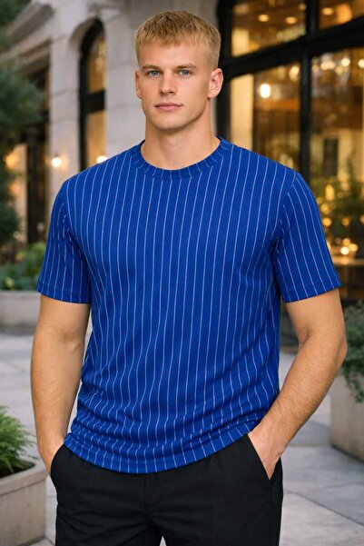 BRLKN Мъжка раирана тениска с деколте тип "V" и креп