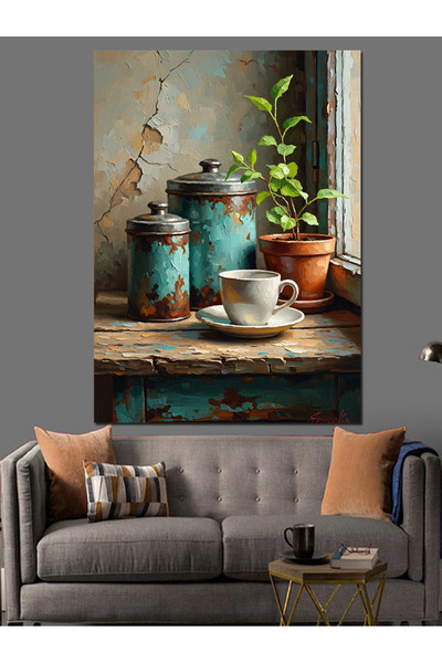 Artmeg Tablou decorativ din pânză cu tema Plăceri ale ceaiului lângă fereastr...