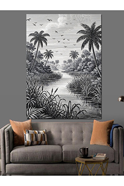 Artmeg Pânză decorativă cu pădure tropicală alb-negru - Tablou din lemn MDF