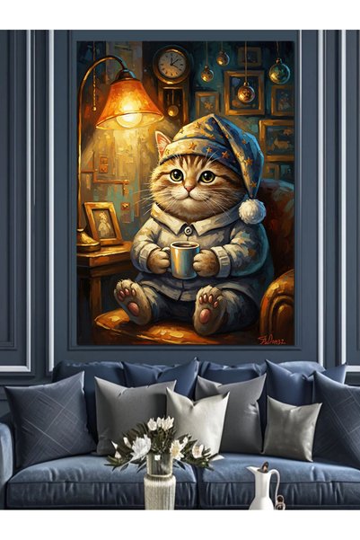 Artmeg Pânză decorativă Pisică dulce de iarnă care bea cafea - Tablou din lem...