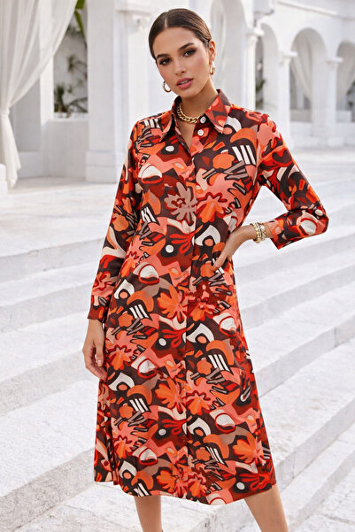 Rich Women's Yavru Ağzı Cotton Satin Buttoned Patterned Long Sleeve Midi Leng...