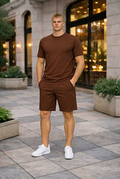 BRLKN Men's Stripe Detailed Crew Neck Crepe T-Shirt Shorts Set