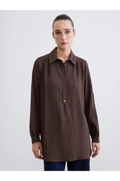 LC Waikiki Lcwaikiki Classic Brown Shirt Collar Striped Oversized Dobby Women...