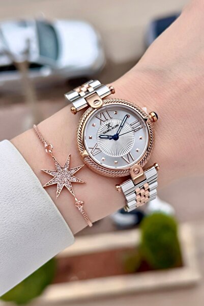 Daniel Klein ساعة يد نسائية وسوار بحزام قابل للتعديل باللون الرمادي الوردي مق...